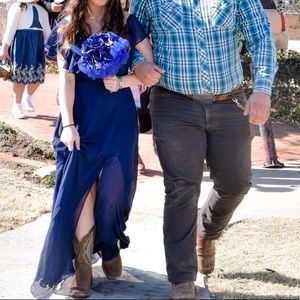 Ruffle slit navy blue prom dress